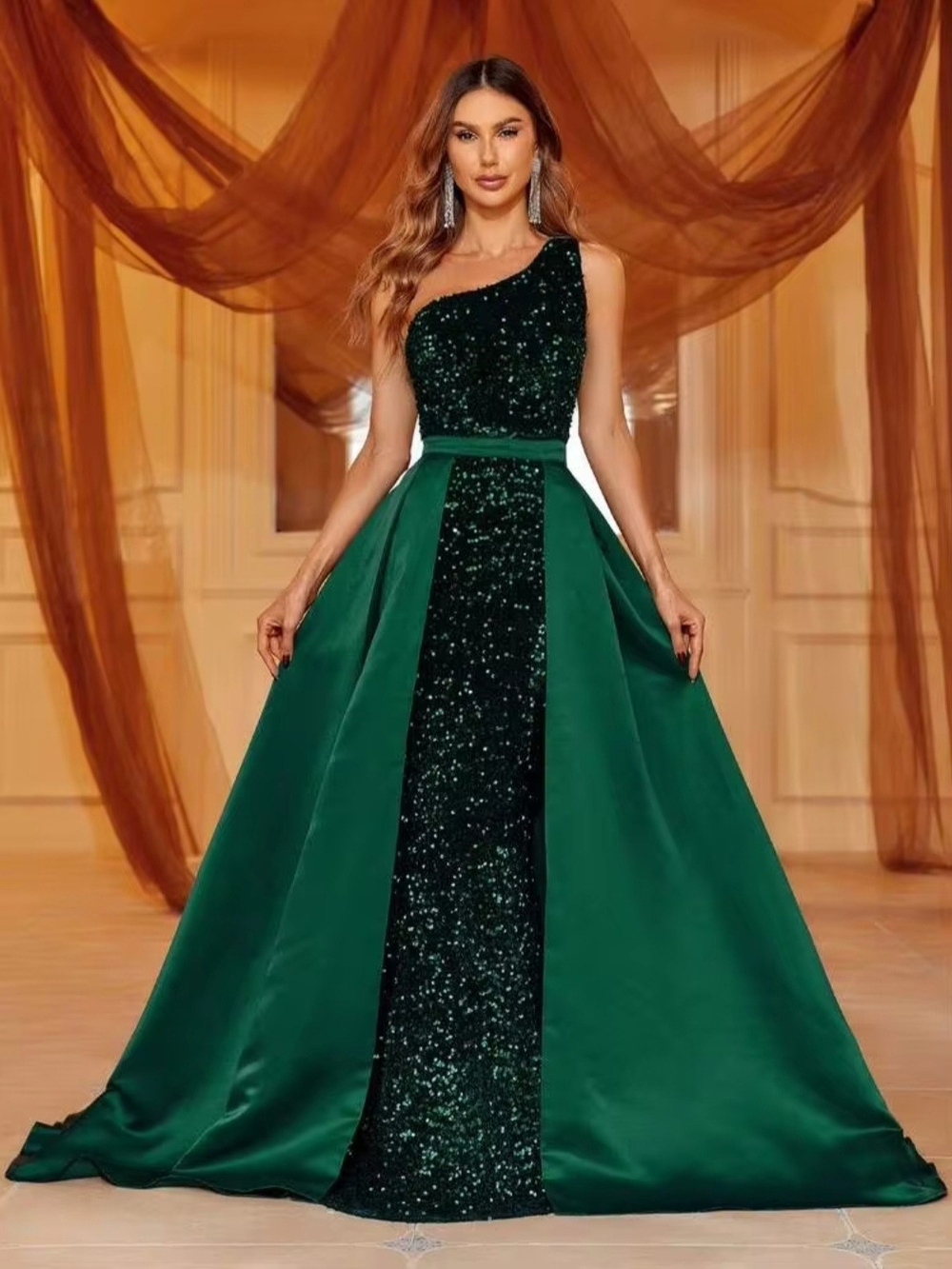 One-Shoulder Emerald Sequin Ball Gown
